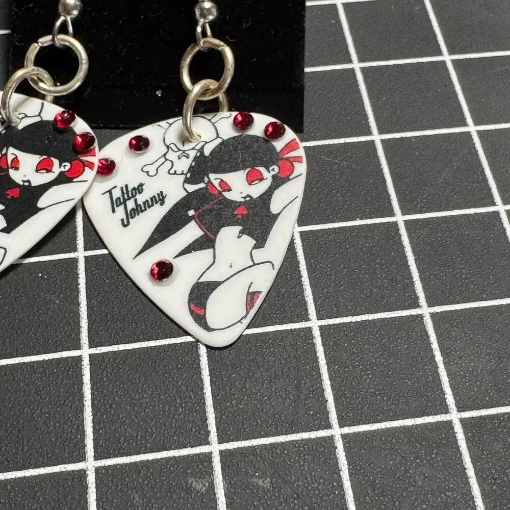 Johnny Tattoo Guitar Pick Pinup Dangle Earrings Rhinestones Rockabilly Punk 2”